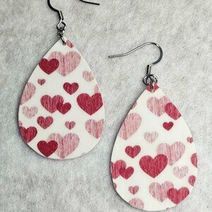 Handmade Valentines teardrop shape earrings with heart pattern (Double-sided)